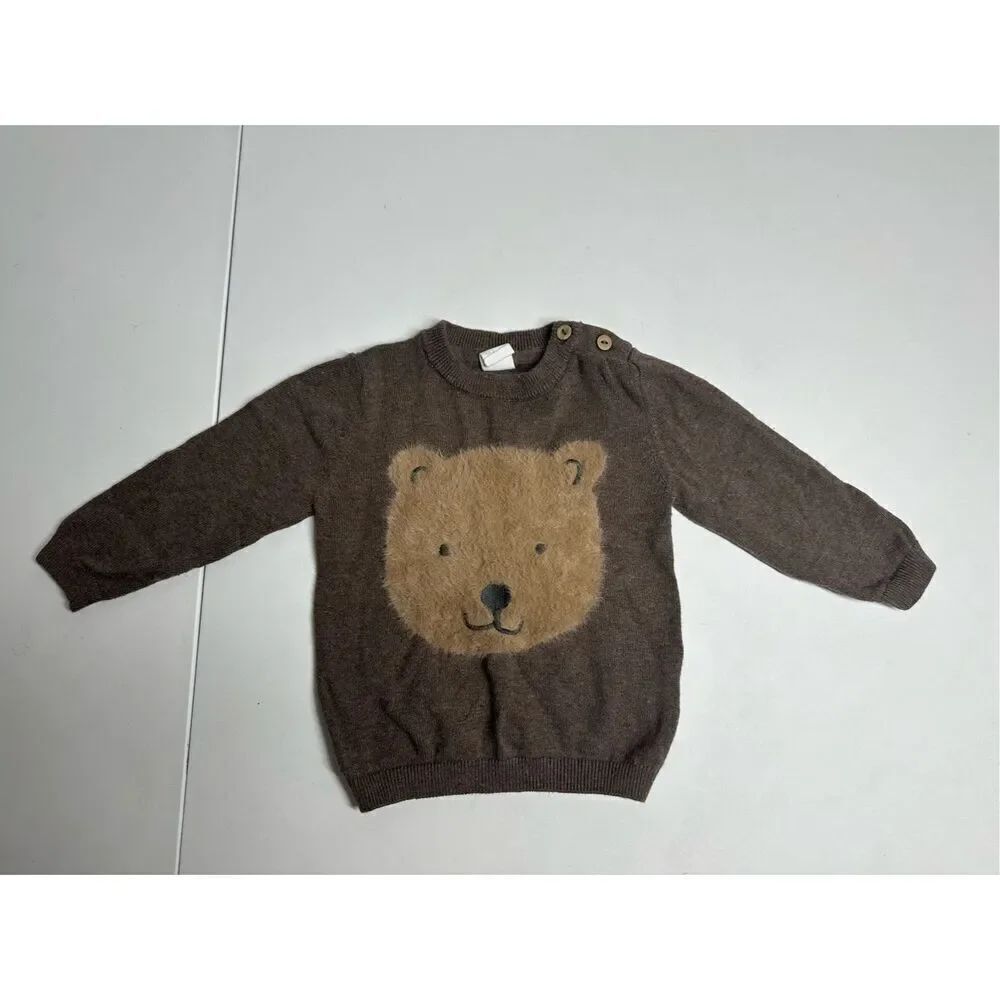 H&M Baby’s Cotton Bear Sweater Lush Trim Brown Size 9M
